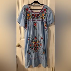 Light Blue Mexican Traditional Dress Hand Embroidered